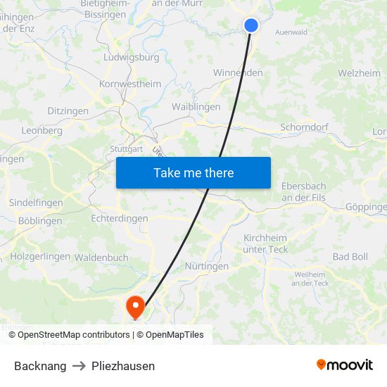 Backnang to Pliezhausen map