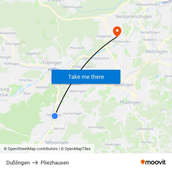 Dußlingen to Pliezhausen map