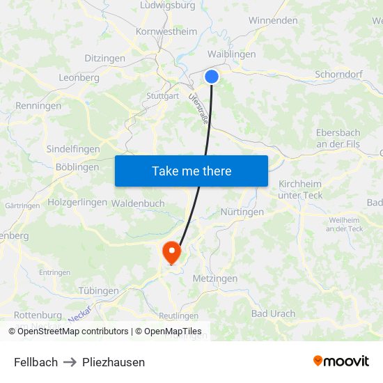 Fellbach to Pliezhausen map