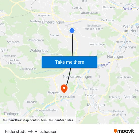 Filderstadt to Pliezhausen map