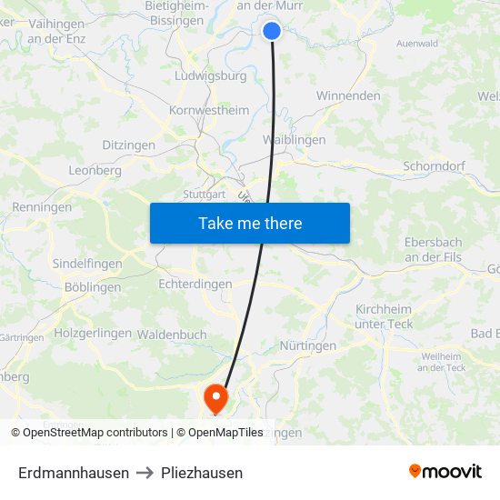 Erdmannhausen to Pliezhausen map