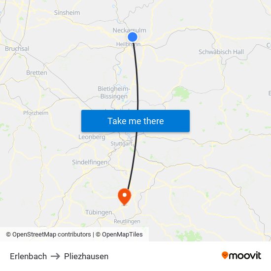 Erlenbach to Pliezhausen map