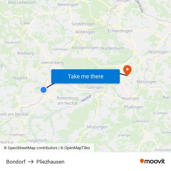 Bondorf to Pliezhausen map
