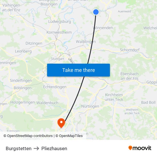 Burgstetten to Pliezhausen map