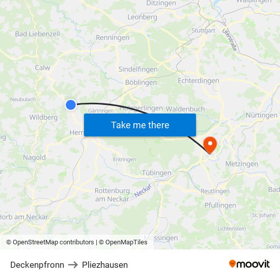 Deckenpfronn to Pliezhausen map