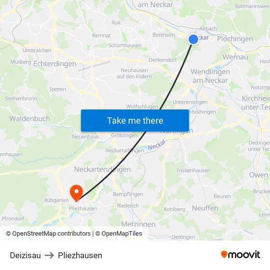 Deizisau to Pliezhausen map