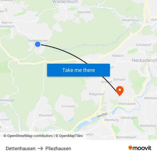 Dettenhausen to Pliezhausen map