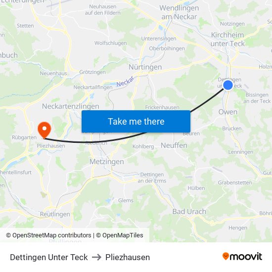 Dettingen Unter Teck to Pliezhausen map