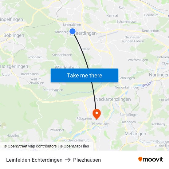 Leinfelden-Echterdingen to Pliezhausen map