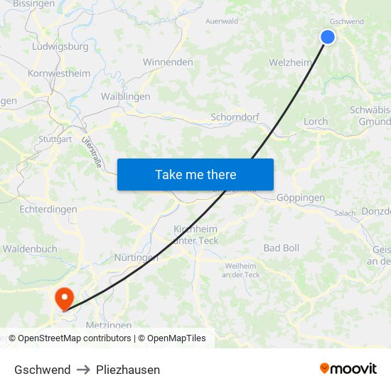 Gschwend to Pliezhausen map