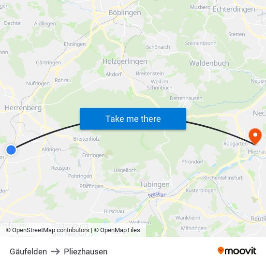 Gäufelden to Pliezhausen map