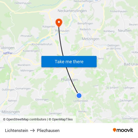 Lichtenstein to Pliezhausen map