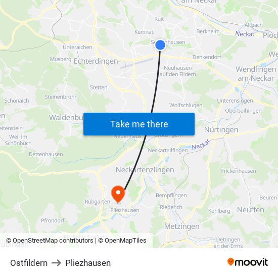 Ostfildern to Pliezhausen map