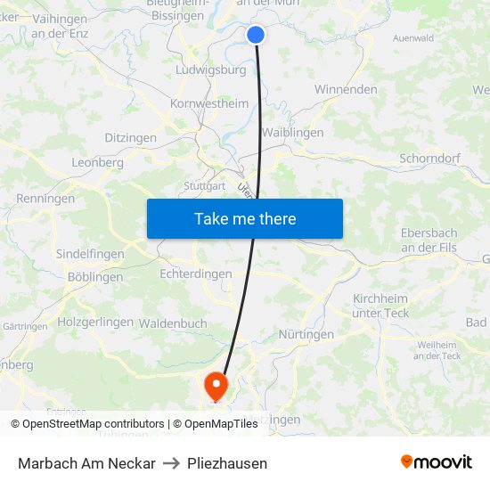Marbach Am Neckar to Pliezhausen map