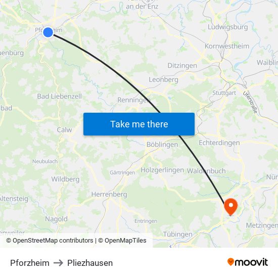 Pforzheim to Pliezhausen map