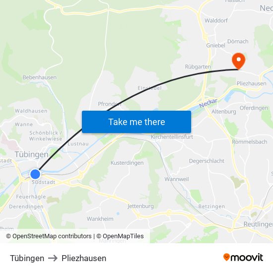 Tübingen to Pliezhausen map