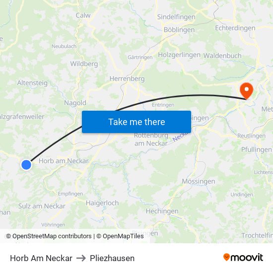 Horb Am Neckar to Pliezhausen map