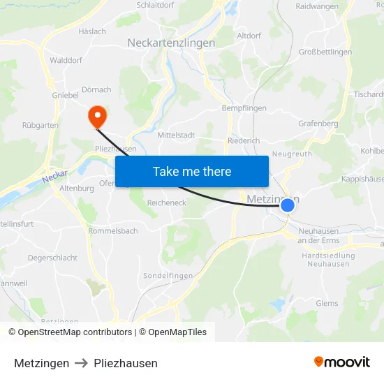 Metzingen to Pliezhausen map