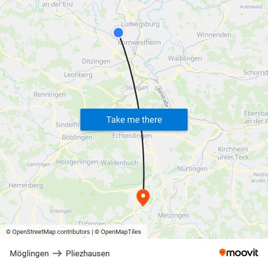 Möglingen to Pliezhausen map