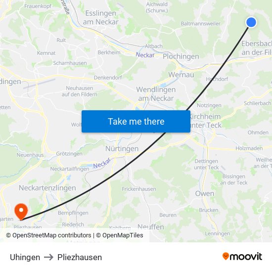 Uhingen to Pliezhausen map