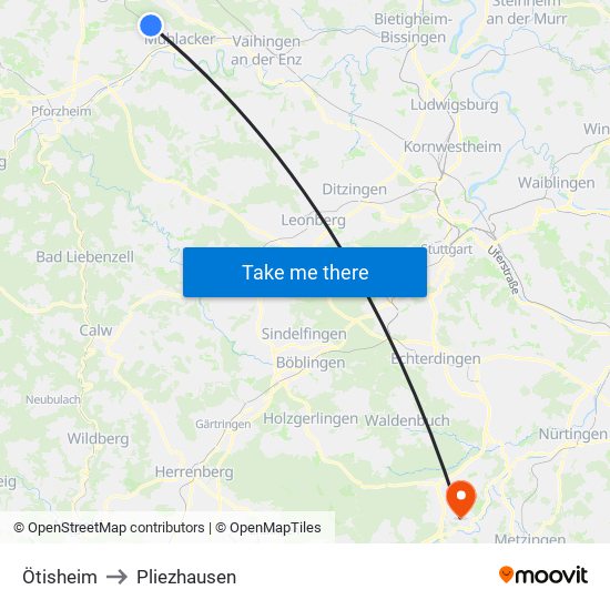 Ötisheim to Pliezhausen map