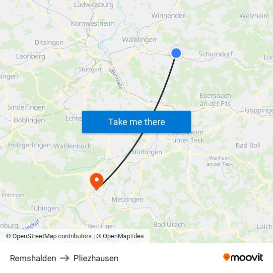 Remshalden to Pliezhausen map