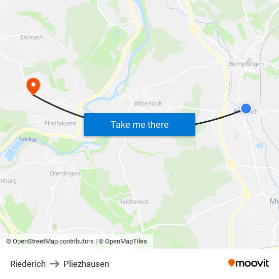 Riederich to Pliezhausen map