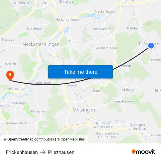 Frickenhausen to Pliezhausen map