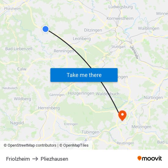 Friolzheim to Pliezhausen map