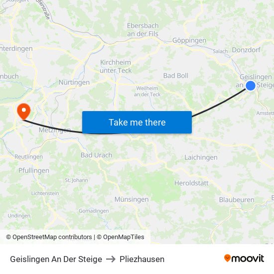 Geislingen An Der Steige to Pliezhausen map