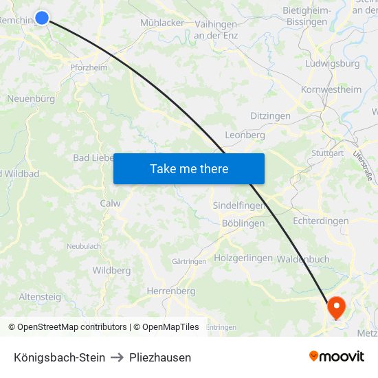 Königsbach-Stein to Pliezhausen map