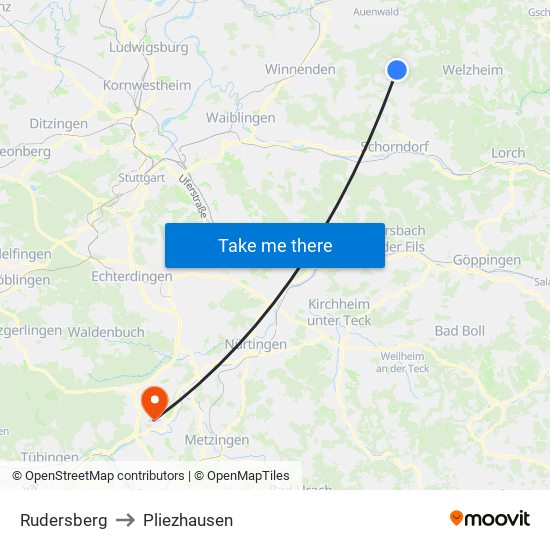 Rudersberg to Pliezhausen map