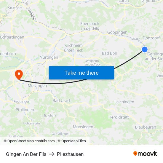 Gingen An Der Fils to Pliezhausen map