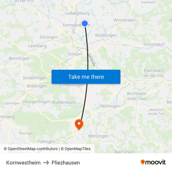 Kornwestheim to Pliezhausen map