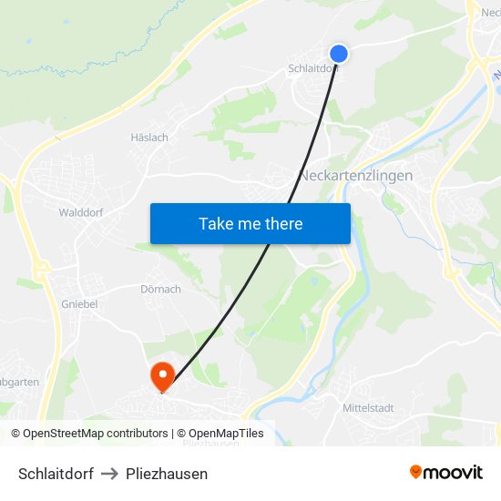 Schlaitdorf to Pliezhausen map