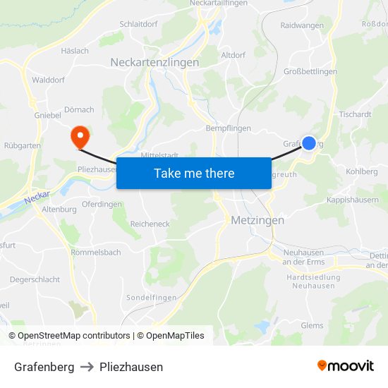 Grafenberg to Pliezhausen map