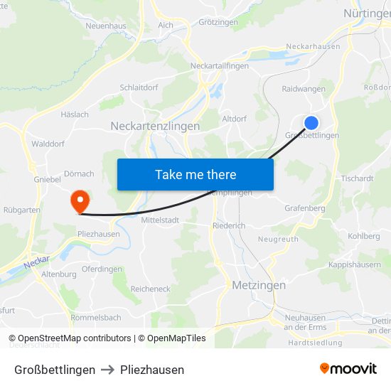 Großbettlingen to Pliezhausen map