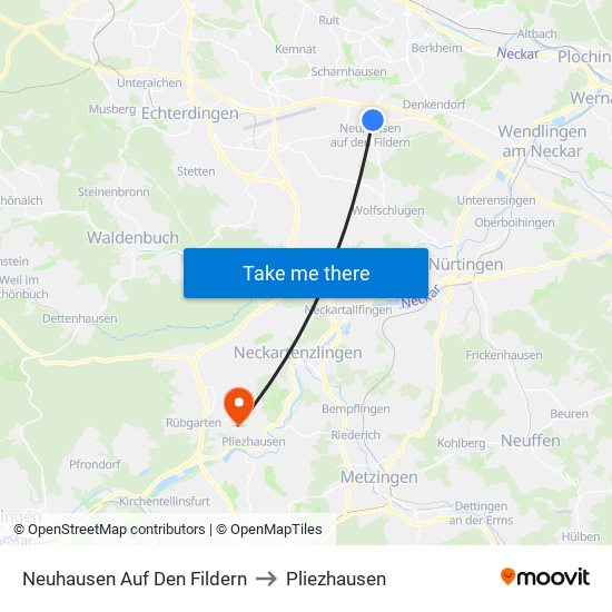 Neuhausen Auf Den Fildern to Pliezhausen map