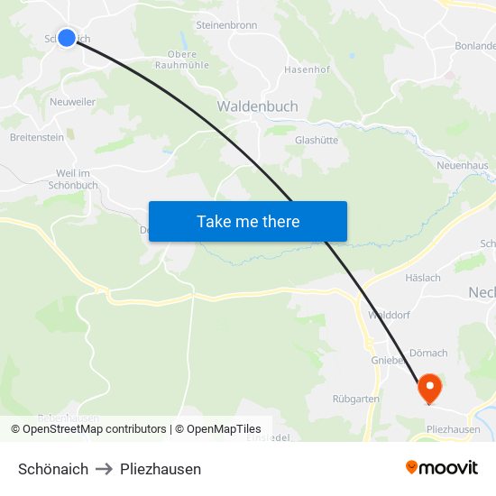 Schönaich to Pliezhausen map