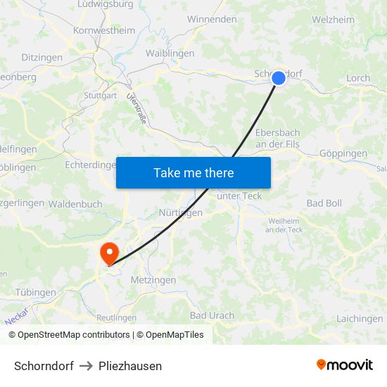 Schorndorf to Pliezhausen map