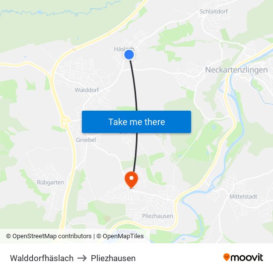 Walddorfhäslach to Pliezhausen map