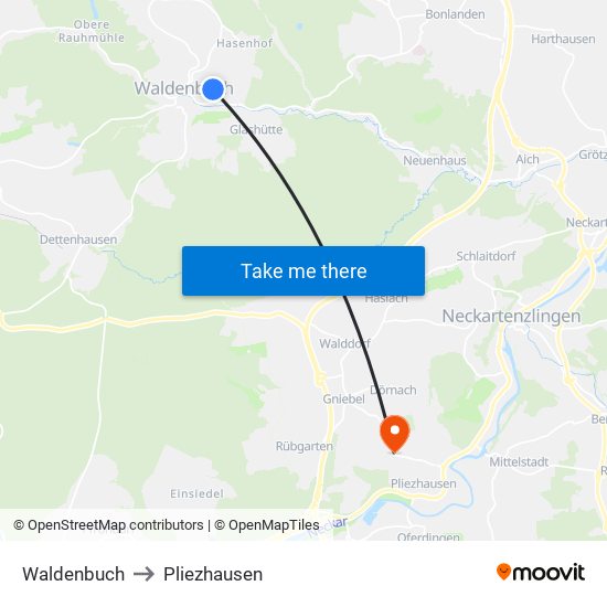 Waldenbuch to Pliezhausen map