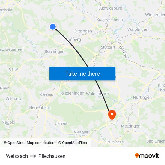 Weissach to Pliezhausen map