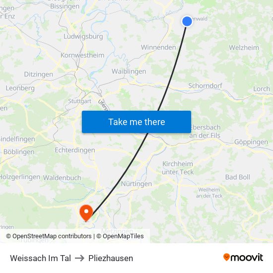 Weissach Im Tal to Pliezhausen map