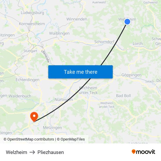 Welzheim to Pliezhausen map