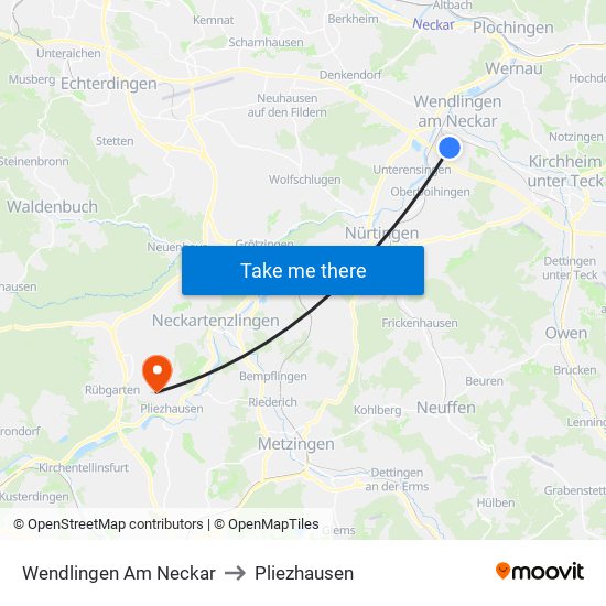 Wendlingen Am Neckar to Pliezhausen map