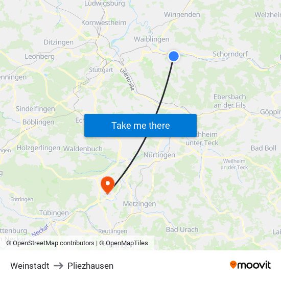Weinstadt to Pliezhausen map
