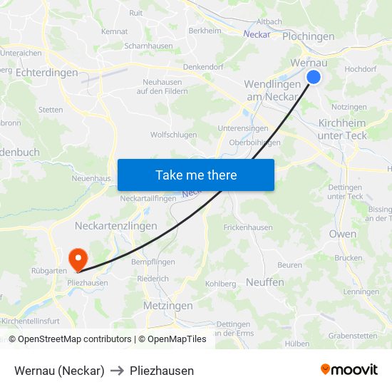 Wernau (Neckar) to Pliezhausen map