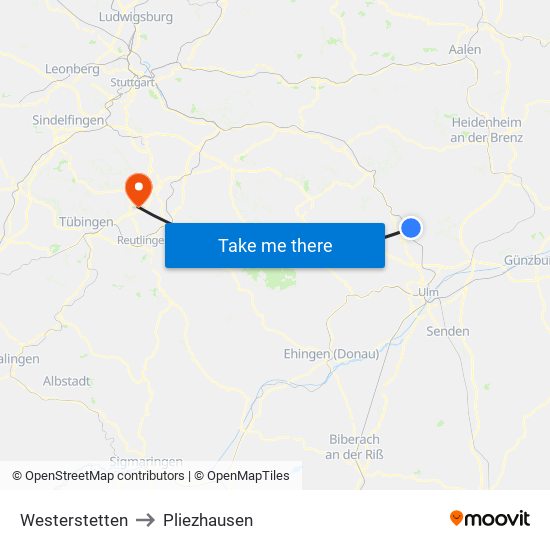 Westerstetten to Pliezhausen map