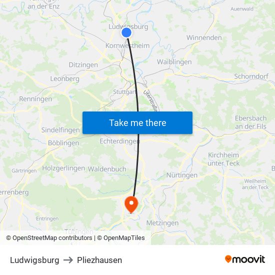 Ludwigsburg to Pliezhausen map